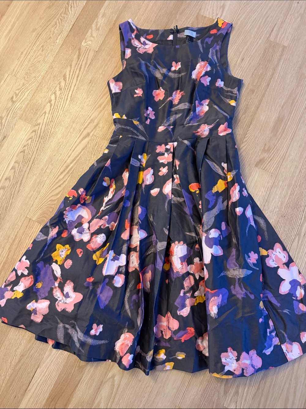 H&M Grey Floral Midi Dress with Pink, Purple & Yellow Accents